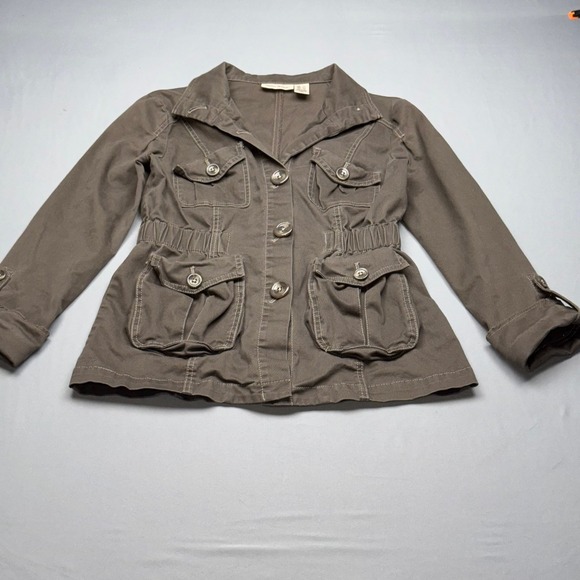DKNY JEANS Women Brwn Utility Jacket Cargo Cinched Waist 3/4 Slv Button Front XS - Picture 9 of 9